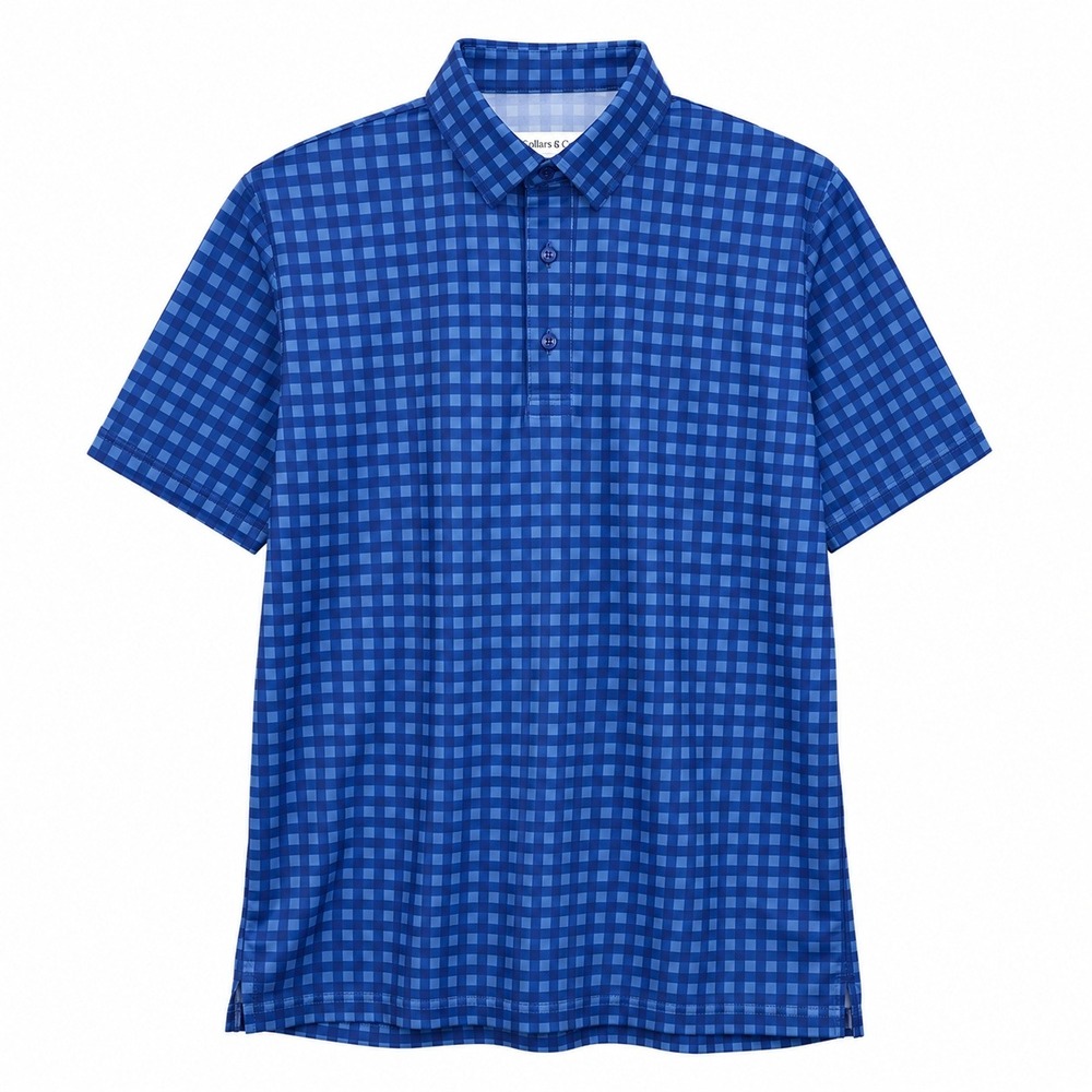 Collars & Co Polo Shirt Mens XL Dress Collar Blue Gingham Check Plaid Active